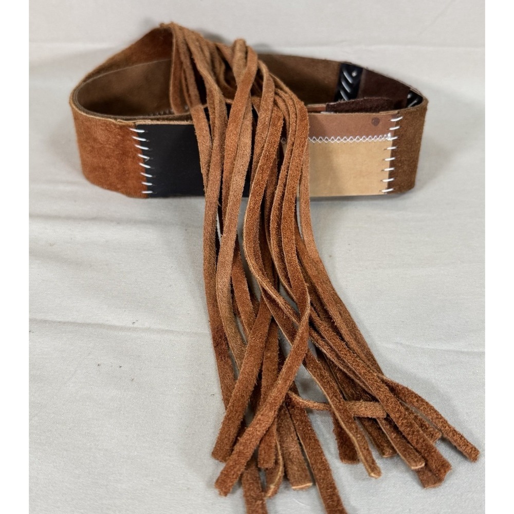 VTG Vera Neumann Leather S Patchwork Handmade Brown Suede Belt 70's 80's Fringe